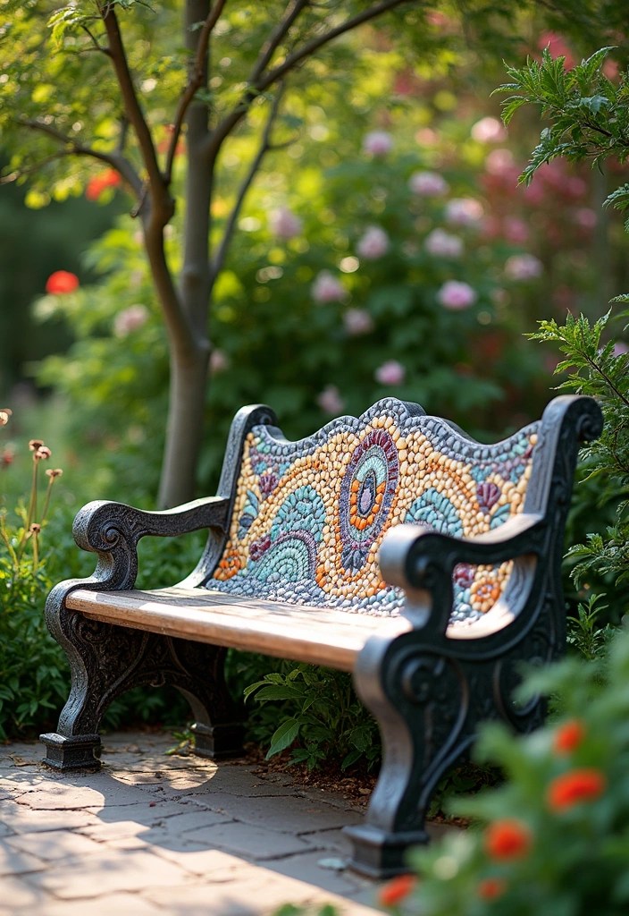 14 Pebble Mosaic Ideas That Will Inspire Your Next Home Renovation (Don't Miss #7!) - 15. Pebble Mosaic Garden Bench