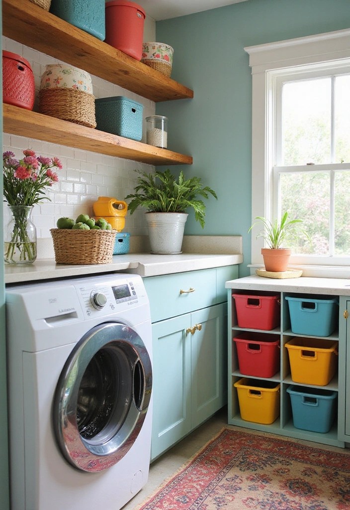 17 Laundry Room Makeovers That'll Actually Make You Want to Do Laundry (#9 Is Like a Spa!) - 7. Colorful Storage Solutions