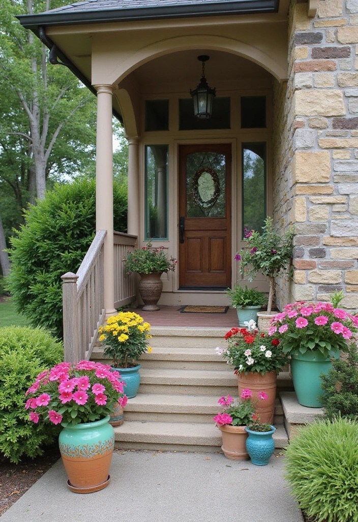 20 Creative Front Porch Planters to Transform Your Entryway (You Won't Believe #5!) - 7. Colorful Ceramic Pots